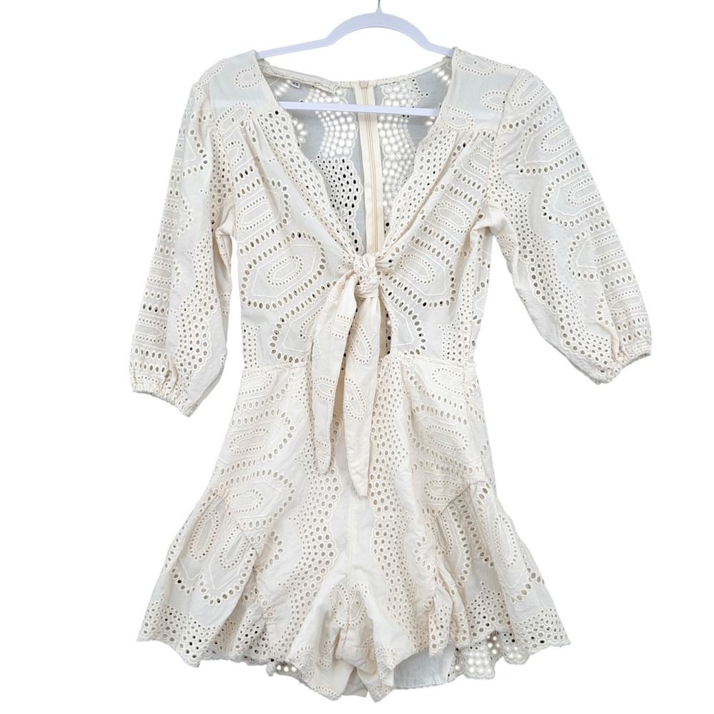 Jen's Pirate Booty Eyelet Romper Womens XS Cream Tie Front 3/4 Sleeve